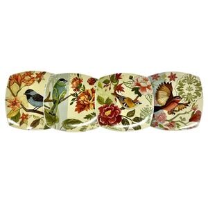 Birds Floral Dessert Appetizer Plates Set 4 Square Cypress Home J Brinley 8 Inch